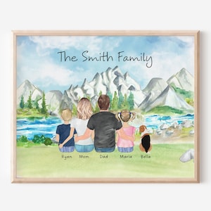 Digital Family Portrait and Pets, Personalized Family Portrait With Mountain and River, Family Wall Art Print, Family Anniversary Gift