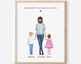 Custom Grandma and Grandchildren Portrait, Gift for Grandma, Grandma and Grandkids Print, Grandmother Birthday Present, Mother's Day Gift