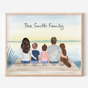 Lake Dock Family Portrait with Dog, Personalized Family Portrait, Family Wall Art Print, Family Anniversary Gift, Father's Day Gift
