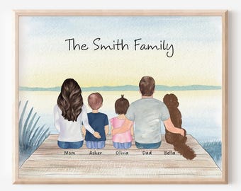 Lake Dock Family Portrait with Dog, Personalized Family Portrait, Family Wall Art Print, Family Anniversary Gift, Father's Day Gift