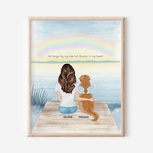 以下が含まれることがあります： 水彩画のアートプリント。桟橋に座る人物と犬が描かれ、空には虹がかかっています。犬は天使の羽を持っています。テキストには「もう私のそばにはいないけれど、永遠に私の心の中に」と書かれています。「オリビア」と「マギー」という名前が下にあります。