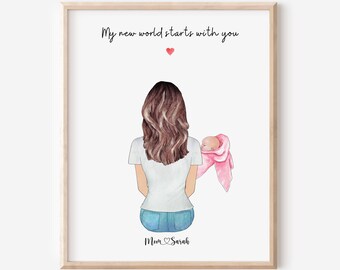 Personalized New Mom and Baby Portrait, Mom Baby Wall Art, Mother and Baby Print, Mothers Day Gift, Gift for New Mom, Mommy Gift Print