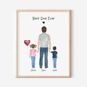 Custom Dad and Children Portrait Print, Father&#39;s Day Gift, Father Birthday Gift, Digital Family Portrait, Christmas Gift, Gift for Him