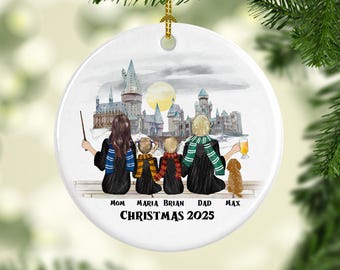 Custom Wizard Family Christmas Ornament, Wizard Family and Pets Ornament, Magic Family Ornament, Wizard Family Christmas Gift