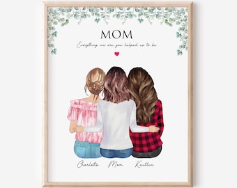 Custom Mom and Daughters Portrait, Mother's Day Gift, Mom Daughter Illustration, Mother Birthday Gift, Gift for Her, Family Portrait