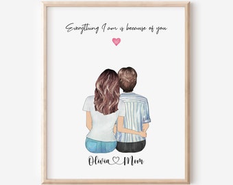 Retrato personalizado de madre e hija, regalo para el día de la madre, regalo para mamá, arte mural para madre e hija, retrato familiar personalizado, regalo de cumpleaños para mamá