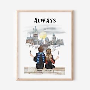 Personalized Wizard Couple Portrait Print, Wizard Lover Wall Art, Magic Couple Portrait, Valentines Day Gift