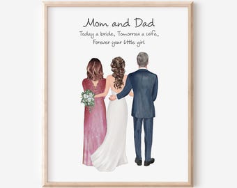 Gepersonaliseerd cadeau voor ouders van de bruid, portretafdruk bruid en ouders, cadeau voor bruid, op maat, bruiloftafdruk, familiehuwelijkscadeau