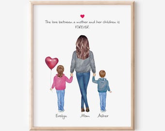 Digital Custom Mom and Children Portrait, Mother's Day Gift, Mom Kids Illustration, Mother Birthday Gift, Family Portrait, Christmas Gift