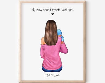 Personalisierte Mutter und Baby Porträt, Mutter und Kind Wandkunst, Mutter und Baby Druck, Mutter Baby Kleinkind Porträt, Muttertagsgeschenk, Geschenk für Mama