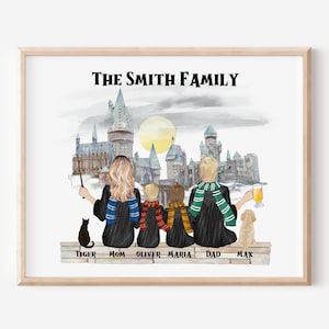May include: A watercolor illustration of a family of five dressed in Hogwarts robes, standing in front of Hogwarts castle. The family includes a mom, dad, two children, and a pet dog. The text "The Smith Family" is at the top of the image.