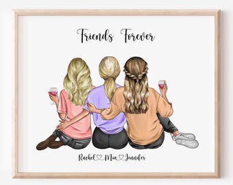 Puede incluir: Una impresión enmarcada con tres figuras ilustradas, cada una sosteniendo una copa de vino. Las figuras están sentadas juntas, con los brazos alrededor. Se muestra el texto "Friends Forever" y tres nombres.