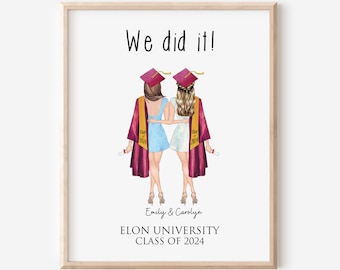 Personalized Friends Graduation Portrait, 2 Friends Graduation Print, Besties Graduation Gift, University Graduation, Gift for Roomies