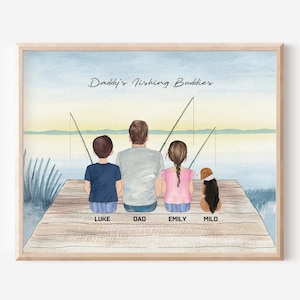 Custom Dad Children Fishing Portrait, Daddy Fishing Buddies, Father&#39;s Day Gift, Father Birthday Gift, Digital Family Portrait, Gift for Him