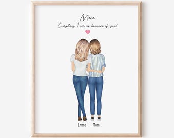 Personalized Mother and daughter Wall Art, Mom Portrait Print, Mom & Daughter Portrait, Custom Mom Gift, Gift for Mom, Mother's Day Gift