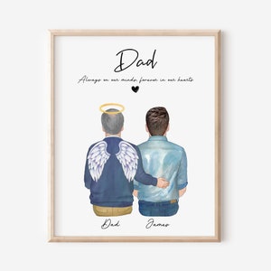 May include: A watercolour illustration of two men standing back to back. The man on the left has a halo and angel wings. The text reads "Dad, Always on our minds, forever in our hearts". The names "Dad" and "James" are written below the men.