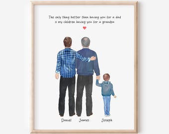 Peut inclure: Une impression encadrée représentant trois personnages : un homme en chemise à carreaux bleue, un homme en pull bleu et un enfant en sweat à capuche bleu. Le texte dit : « La seule chose meilleure que de t'avoir comme papa, c'est que mes enfants t'aient comme grand-père. »