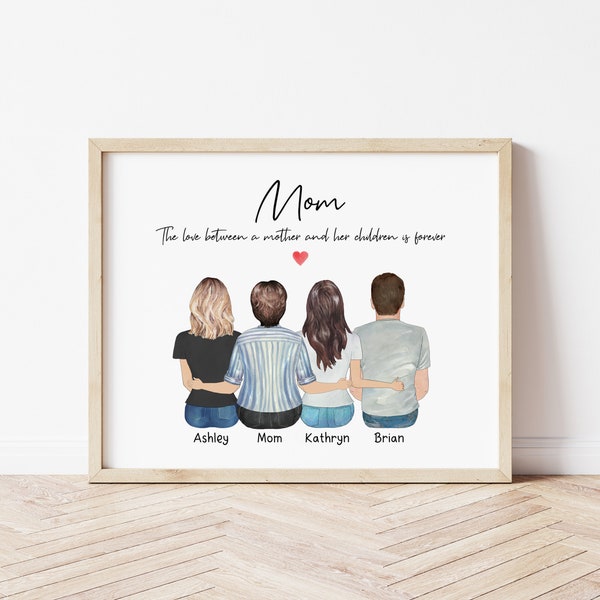 Personalized Mother Daughter Son Portrait Print, Custom Mom and Children Gift, Mothers Day Gift, Gift for Mom from Children, Family Portrait