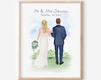 Bride & Groom Wedding Day Portrait Print, Personalized Wedding Gift For Couple, Custom Wedding Portrait, Gift For Newlyweds