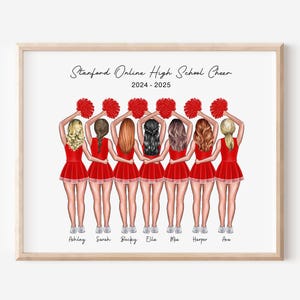 May include: Framed print depicting seven cheerleaders in red uniforms with white trim, holding red pom-poms. The text "Stanford Online High School Cheer 2024-2025" is above the figures, with names below. The artwork is set against a white background.