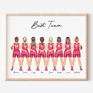 パーソナライズされた女子バスケットボールチームプリント、バスケットボールチームギフト、女子バスケットボールチームポートレートプリント、カスタムバスケットボールフレンズプリント