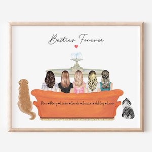 Könnte beinhalten: Gerahmter Druck mit einem orangefarbenen Sofa, sechs Figuren und zwei Hunden. Die Worte "Besties Forever" stehen über dem Sofa. Die Namen Max, Mary, Linda, Sarah, Jessica, Ashley und Luna stehen auf dem Sofa.