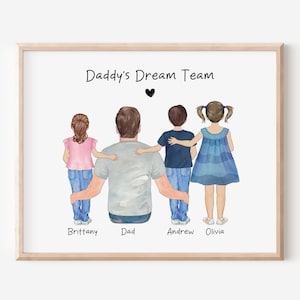 Custom Dad and Children Portrait, Daddy&#39;s Dream Team, Father&#39;s Day Gift, Father Birthday Gift, Family Portrait, Christmas Gift, Gift for Him