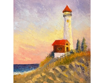 Lighthouse Painting Original Art Canvas Wall Art Crisp Point Lighthouse Original Artwork 14 by 16 inches by Maryna Tytarenko