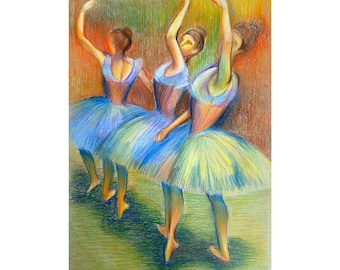 Ballerina Dega Painting Original Art Three Dancers Pastel copying the work of Edgar Degas Painting 12 by 16.5 inches by MarynaTytarenkoArt