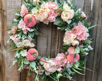 Hydrangea, Peony, and  Peach Wreath, Front Door All Season Wreath, Centrepiece, Mother's Day Gift for Mom, Cream Wreath, Table Decor