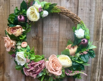 Mauve Peony and Cabbage Rose Wreath,  Cream And Beige Peony Wreath, All Season Wreath, Mauve Wreath, Mother's Day Gift,  Pomegranate Wreath