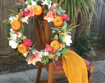 Persimmon Wreath, Farmhouse Wreath, Orchid Wreath, Autumn Wreath, Door Decor, Tropical Wreath,  Mother's Day gift, Housewarming Gift.