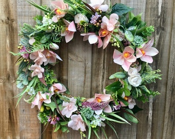 Pink Orchid Wreath for Front Door, Pink Hues Wreath, All Season Wreath, Mother's Day Gift, Feminine Wreath, Orchid and Cherry Blossom Wreath