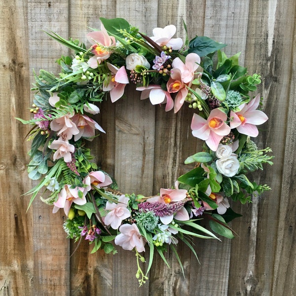 Pink Orchid Wreath for Front Door, Pink Hues Wreath, All Season Wreath, Mother's Day Gift, Feminine Wreath, Orchid and Cherry Blossom Wreath