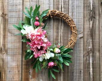 Pink and Cream Cottage Style Spring Floral Wreath for Front Door, Olive Leaf with Pink Poppy and Cream Orchids, Mother's Day Gift.