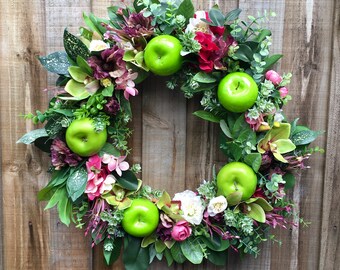 Green Apple Wreath, Front Door Wreaths, Summer Wreath for Front Door, Mother's Day Gift, Granny Smith Apple Wreath, Orchid Wreath