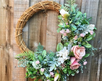 Pink Rose and Greenery Wreath, Modern Farmhouse Wreath, All Season Floral Wreath, Mother's Day Gift for Mum, House Warming Gift