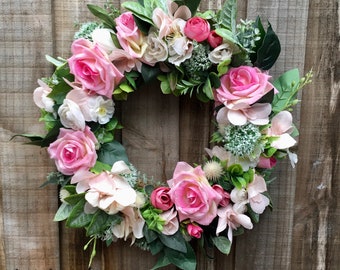 Pink Rose and Cream Orchid Wreath, Rose, Ranunculus and  Lamb's Ear Wreath, Mother’s Day Flower Wreath, Front Door Spring Wreath, Ribbon