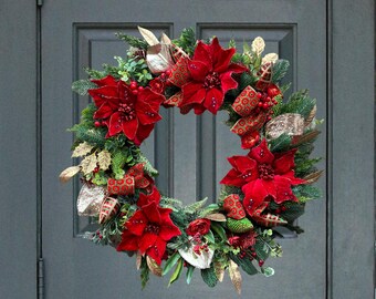 Red Poinsettia Wreath, Christmas Wreath, Traditional Christmas Wreath, Christmas Wall Decor, Seasonal Wreath, Door Wreath, Christmas Gift
