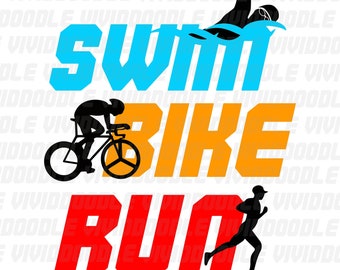 Puede incluir: Un diseño gráfico con las palabras "Swim Bike Run" en azul, naranja y rojo. Las palabras están estilizadas con una silueta de un nadador, un ciclista y un corredor.