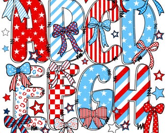 American flag doodle letters | Patriotic American Flag Alphabet |  Hand-Drawn |  Doodle Letters | 4 of july bundle | USA coquette bow png