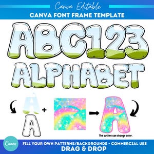 Marco de letras del alfabeto con garabatos de Canva con burbujas / Plantilla de fuente editable / Marcos personalizables con arrastrar y soltar / Plantilla de letras rellenables / Chubby