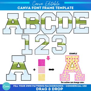 Plantilla de marco de Canva con alfabeto universitario, diseño de sublimación, patrón de relleno personalizado, fuente de marco de Canva, letra de relleno, fuente deportiva de marco de Canva