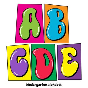 Doodle alphabet de la maternelle groovy avec fond carré Alphabet coloré lumineux PNG pour la maternelle, l&#39;école, l&#39;enseignant, la salle de classe