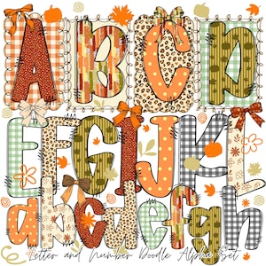 May include: A vibrant alphabet set with letters A to K, and lowercase a to h. Each letter displays a unique pattern, including plaid, polka dots, and animal print, with decorative bows and autumnal accents. The text "Letter and Number Doodle Alpha Set" is at the bottom.