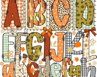 May include: A colorful alphabet set featuring letters A through K, and lowercase letters a through h. Each letter has a unique pattern, including plaid, polka dots, and animal print, with decorative bows and fall-themed accents. The text "Letter and Number Doodle Alpha Set" is at the bottom.