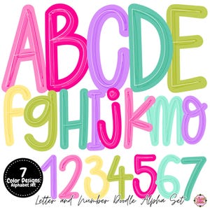 May include: A digital alphabet and number set featuring hand-drawn style characters in pink, purple, teal, and lime green. The letters A through O and numbers 1 through 7 are displayed with a sketchy, layered outline effect. A black circular badge reads 7 Color Designs Alphabet set, and text at the bottom reads Letter and Number Doodle Alpha Set.