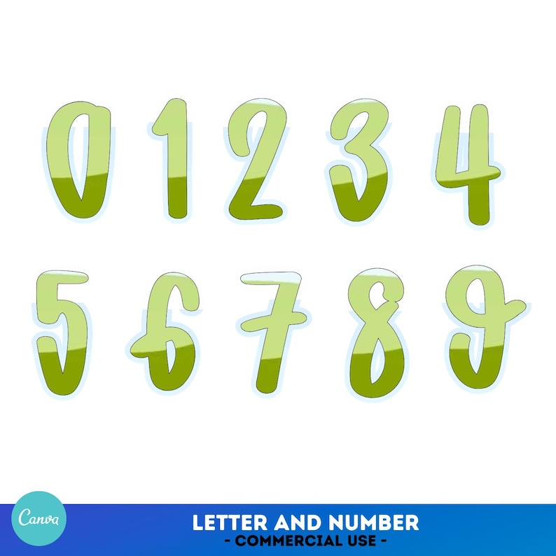 May include: A set of ten green numbers, 0 through 9, with a light blue outline, against a white background. The numbers have a glossy, three-dimensional appearance. The bottom of the image has the text "LETTER AND NUMBER - COMMERCIAL USE".