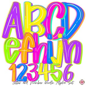 Preppy Neon Summer Scribble Doodle School Alphabet PNG | Ljusa bokstäver och siffror | Sista skoldagen | Slutår | sött skolteckensnitt