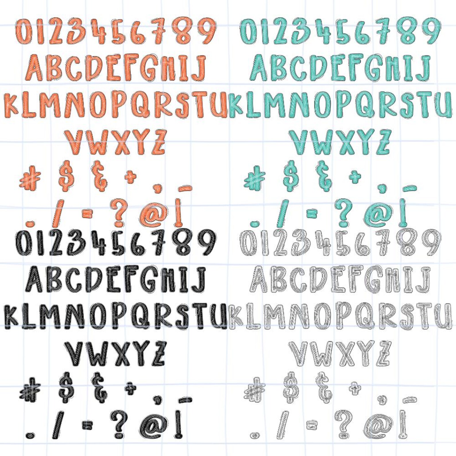 Boho Distressed Scribble Alphabet PNG Bundle, 8-color Grunge Letters ...